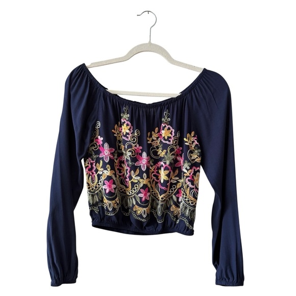 Lucy Love All Over Floral Embroidered Off Shoulder Blouse Top Size XS Blue Boho - Picture 1 of 6